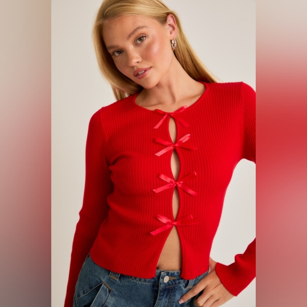 Satin Bow Cutout Knit Long Sleeve Top - Le Lis